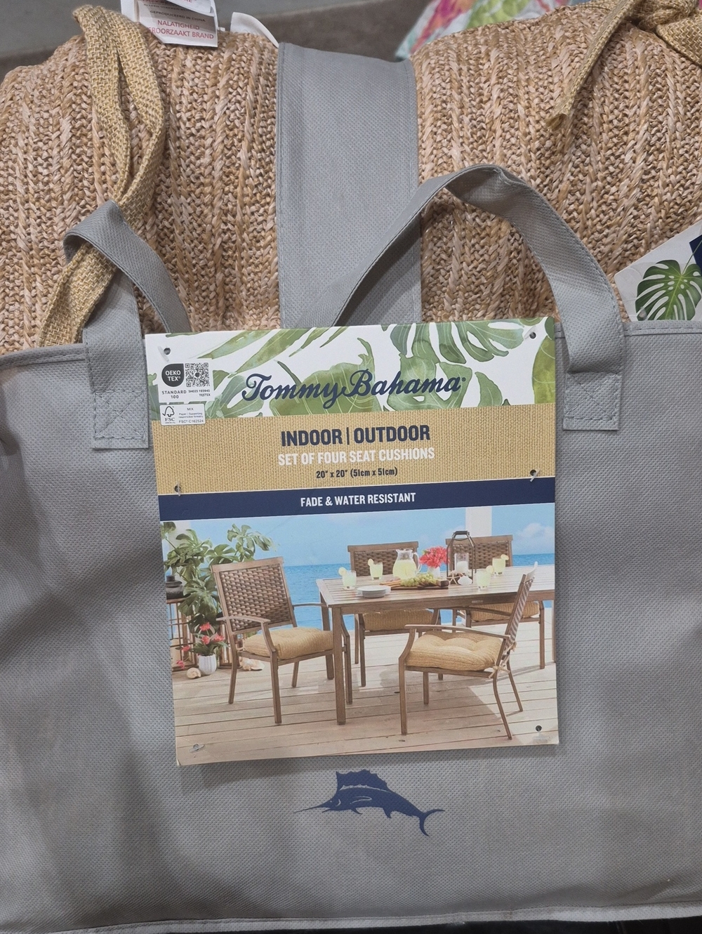 Tommy Bahama Woven Straw Colored Indoor/Outdoor Seat Cushion Set (4pc)with Tote
